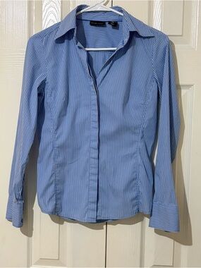 New York & Company Blue and White Striped Button-Up Shirt